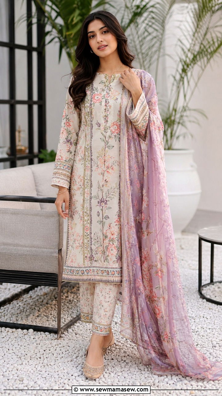 Printed Lawn Suit with Khussa - 30 Karachi outfit ideas