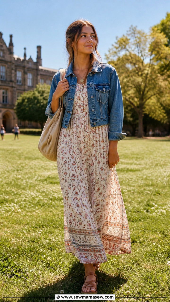 Printed Maxi Dress And Denim Jacket Outfit - 40 back to school outfits 2026