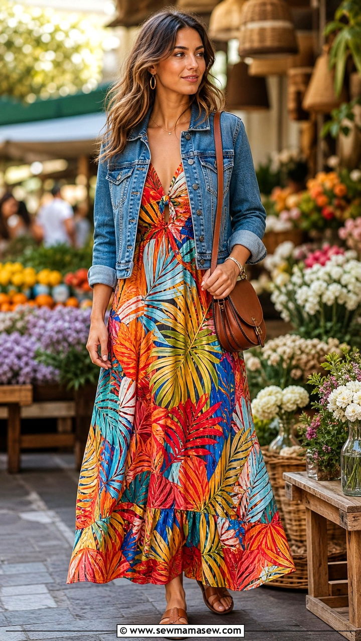 Printed Maxi Dress With A Denim Jacket - 40 Brunch outfit ideas