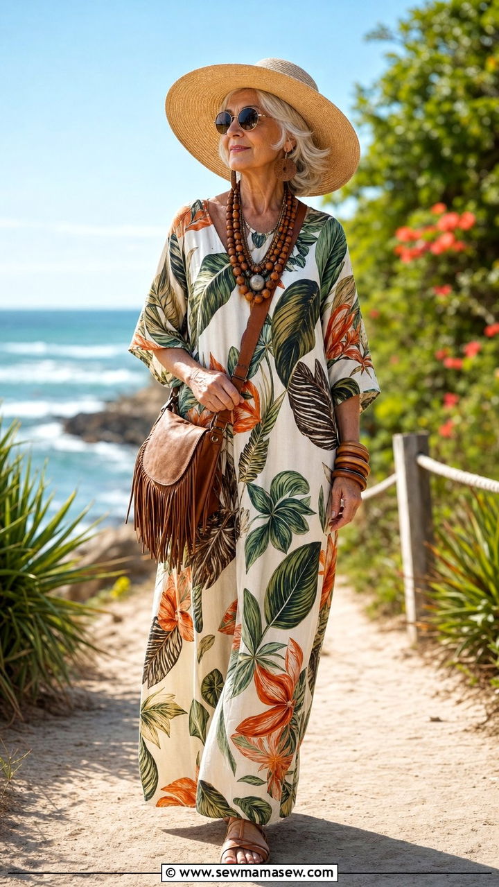 Printed Maxi Dress With A Wide Brim Hat - 25 Dress outfit ideas for women over 60