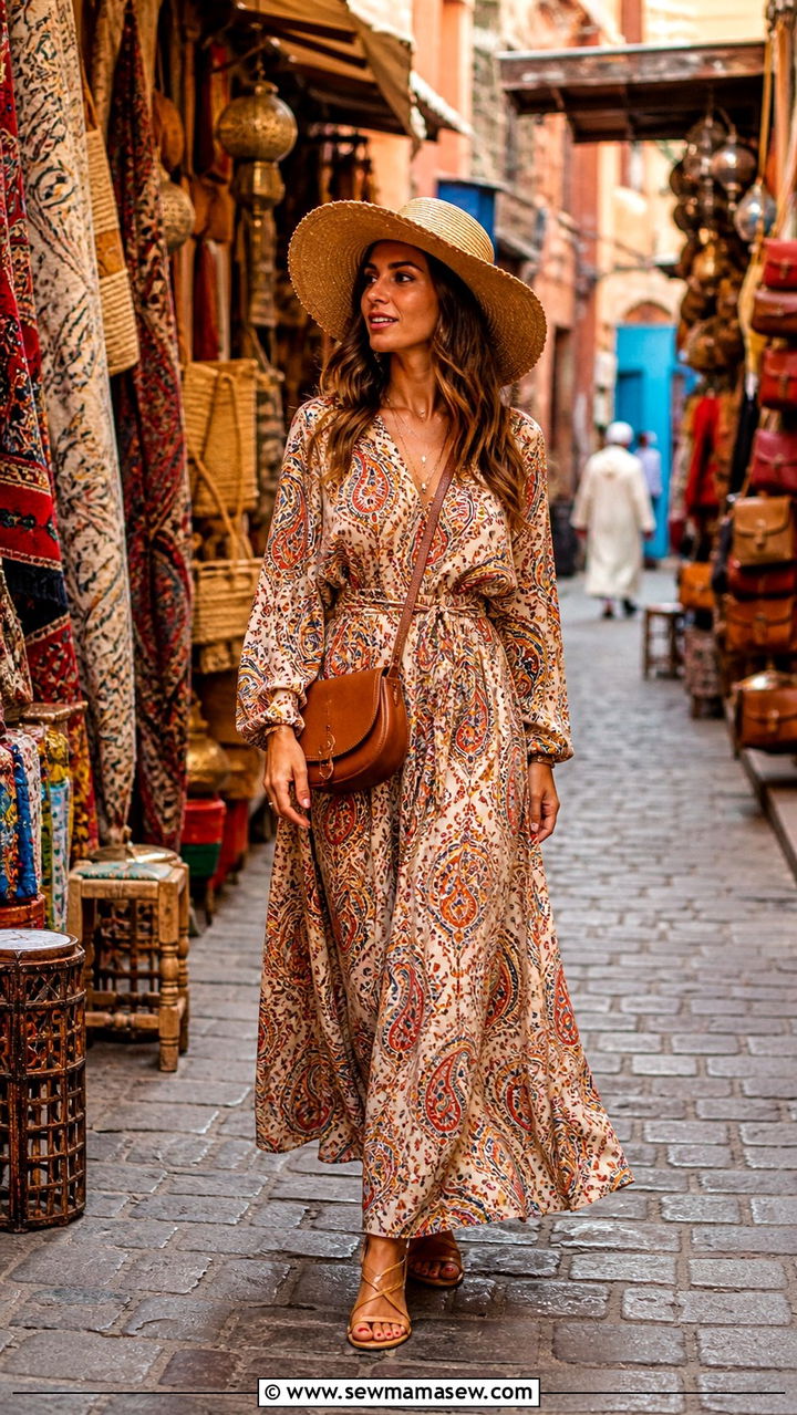 Printed Maxi Dress With A Wide Brim Straw Hat - 40 Marrakech outfit ideas
