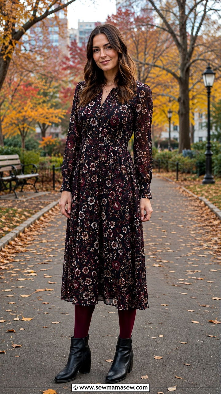 Printed Maxi Dress With Burgundy Tights And Boots - 30 Maxi dress outfit ideas with tights