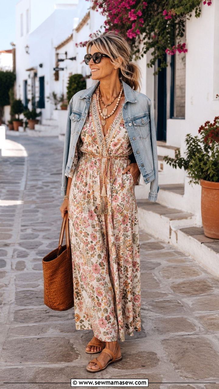 Printed Maxi Dress With Denim Jacket - 30 romantic outfit ideas for women over 40