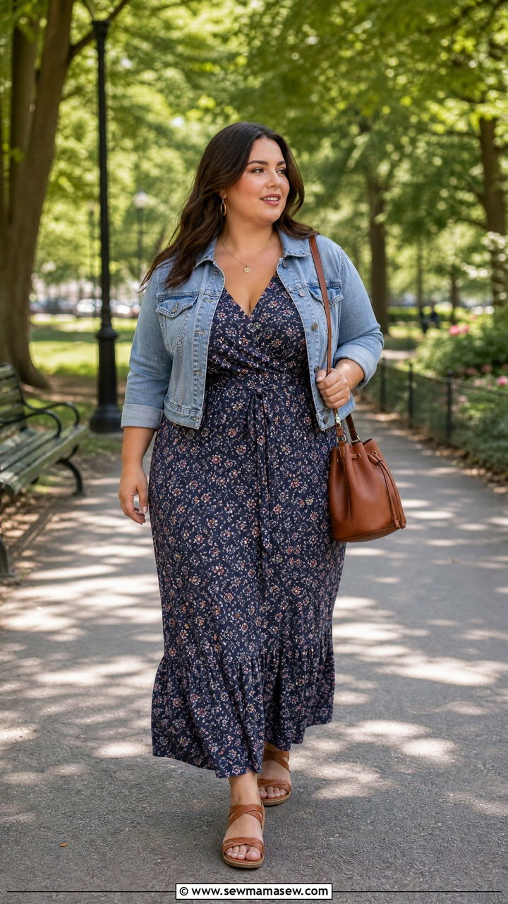 Printed Maxi Dress With Denim Jacket - 30 classy outfits for curvy women