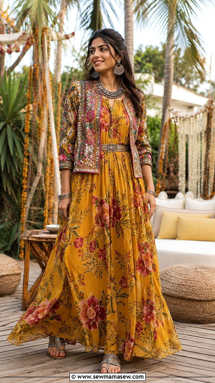 Printed Maxi Dress With Ethnic Jacket - 30 Mehndi outfit ideas