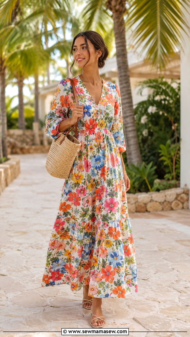 Printed Maxi Dress With Flat Sandals - 30 Modest summer outfit ideas