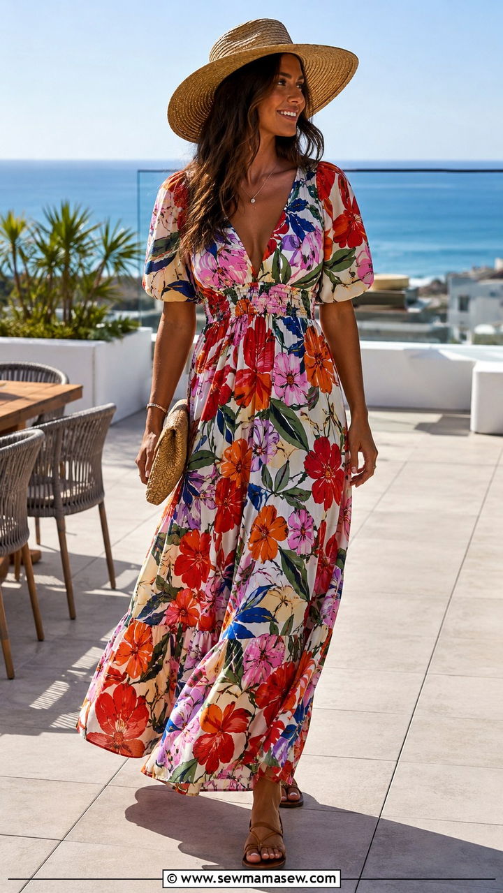 Printed Maxi Dress With Flat Sandals - 30 Rooftop brunch outfit ideas
