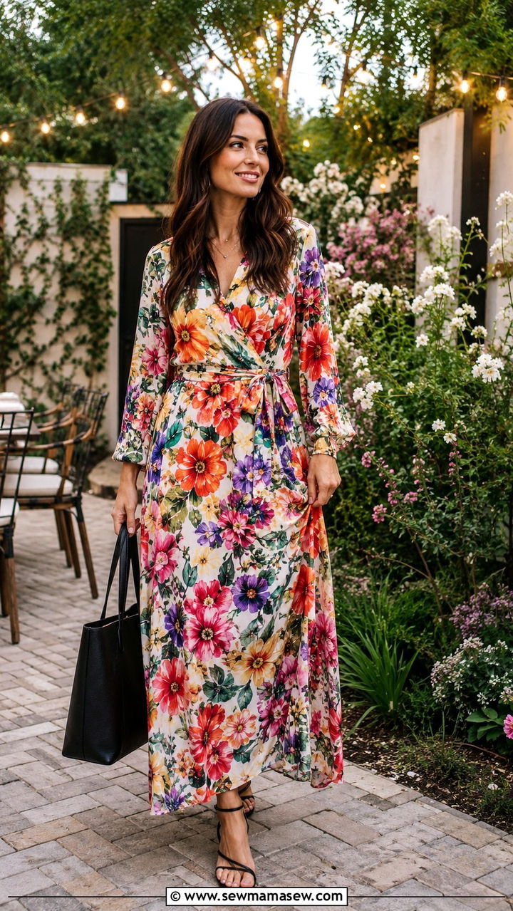 Printed Maxi Dress With Leather Tote Bag Spring Outfit - 30 spring outfits with tote bag