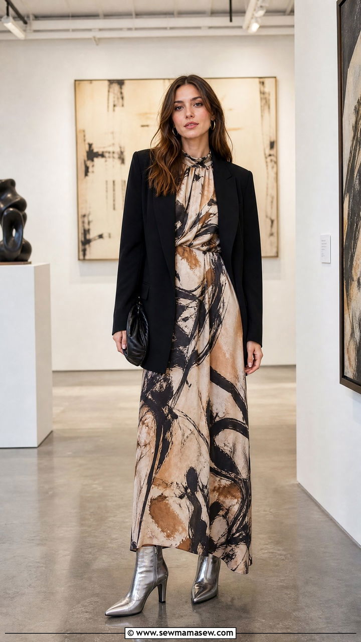 Printed Maxi Dress With Metallic Boots - 30 Maxi dress outfit ideas with boots