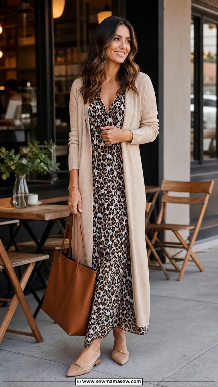 Printed Maxi Dress With Neutral Cardigan - 35 how to style maxi dress