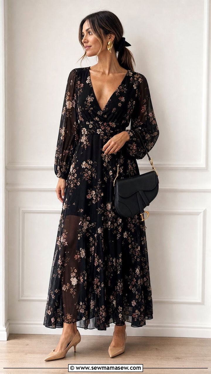 Printed Maxi Dress With Neutral Kitten Heels Outfit - 25 summer outfits with kitten heels