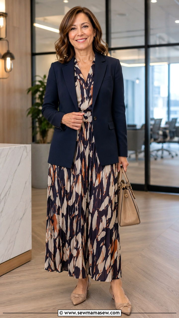 Printed Maxi Dress With Tailored Blazer - 30 maxi dress outfits for women over 40