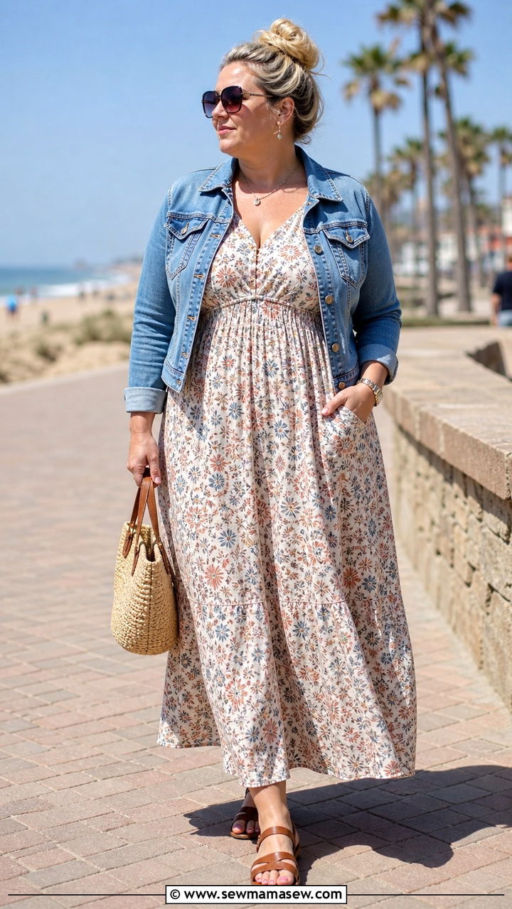Printed Maxi Dress With a Cropped Denim Jacket - 20 Apple shape outfits for women over 50