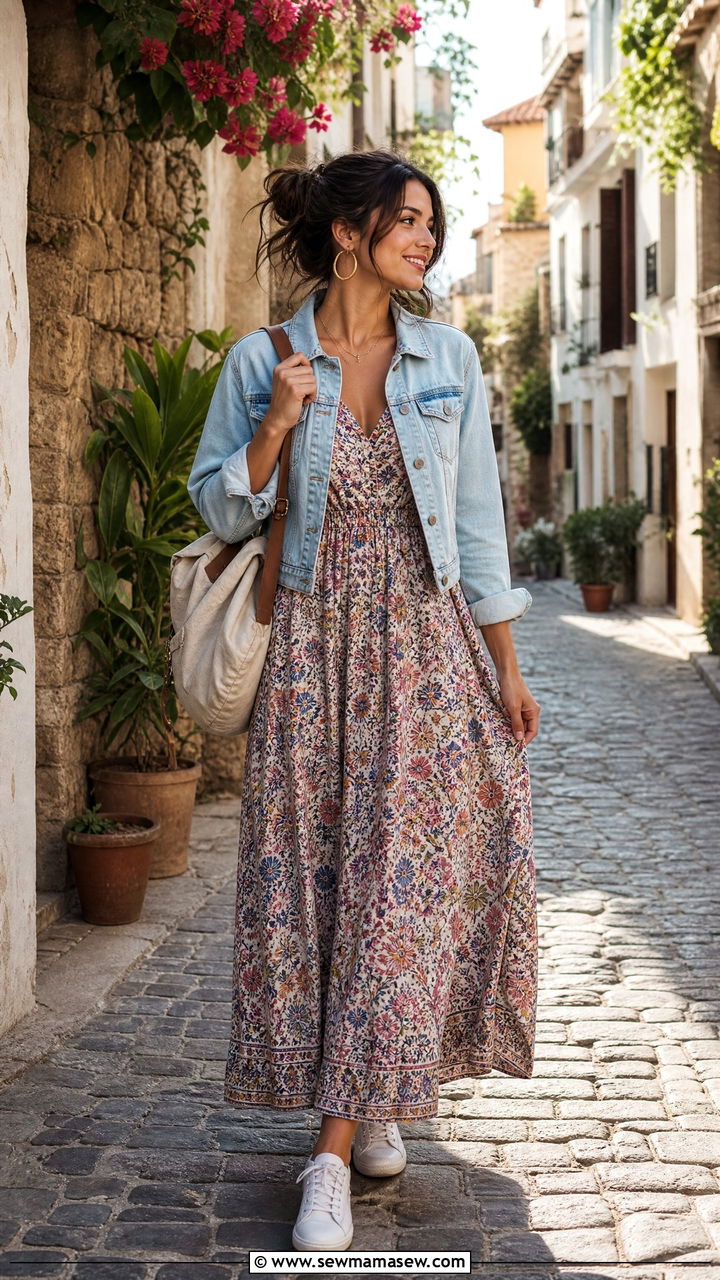 Printed Maxi Dress with Denim Jacket - 30 Maxi dress for vacation outfit ideas