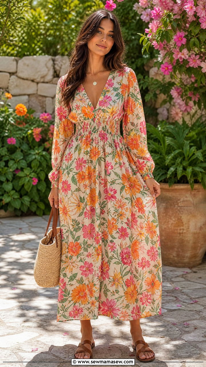 Printed Maxi Dress with Flat Sandals - 35 Housewarming party outfits