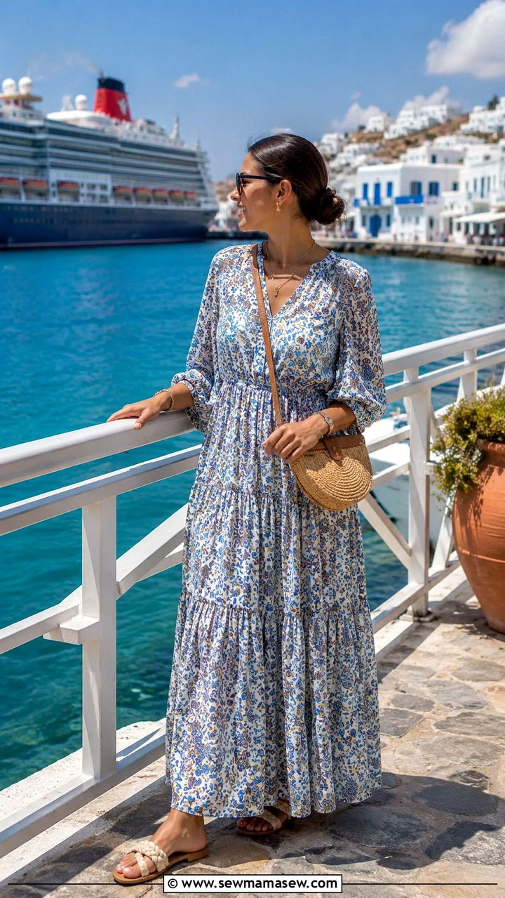 Printed Maxi Dress with Neutral Flats - 30 modest cruise outfit ideas