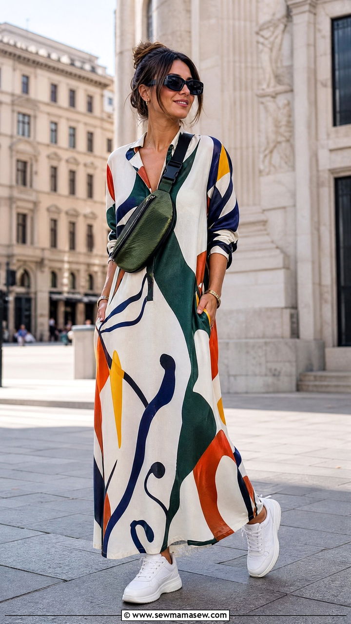 Printed Maxi Dress with Sneakers - 30 Maxi dress outfit ideas for summer