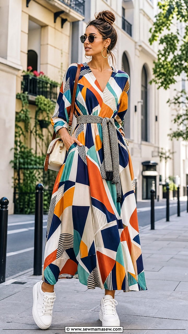 Printed Maxi Dress with Woven Belt and Platform Sneakers - 30 Maxi dress outfit ideas with a belt