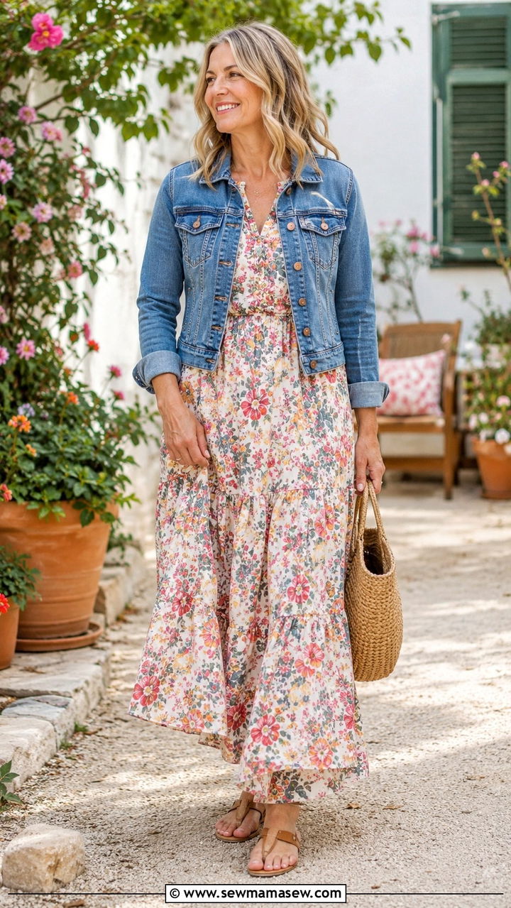 Printed Maxi Dress with a Denim Jacket - 25 Midlife outfit ideas