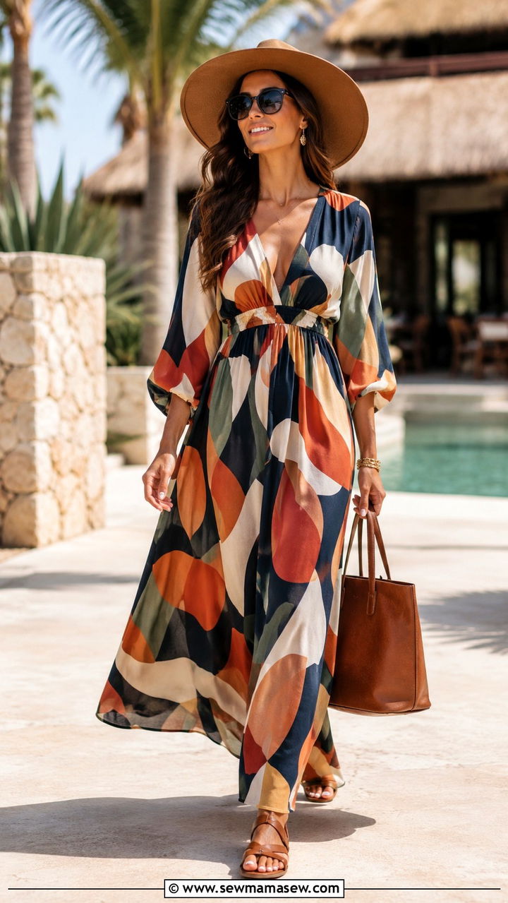 Printed Maxi Dress with a WideBrim Hat - 30 Spring outfits with maxi dresses