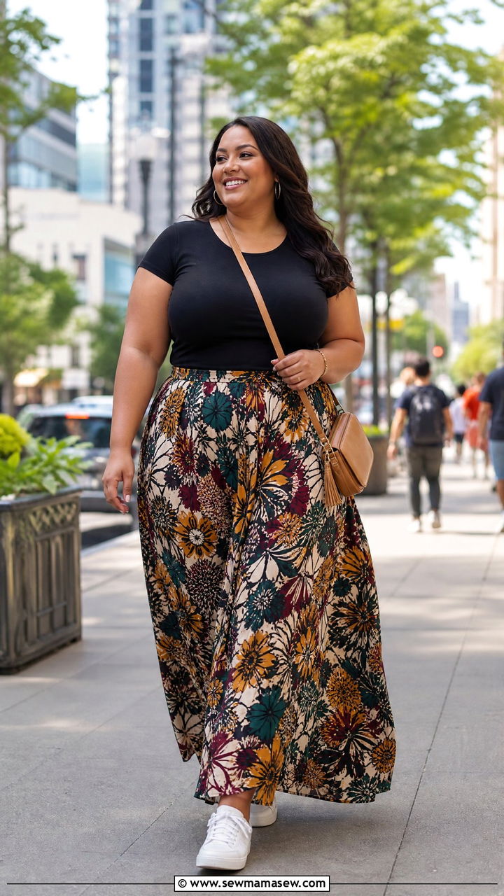 Printed Maxi Skirt Everyday Outfit - 25 Maxi skirt outfit ideas plus size