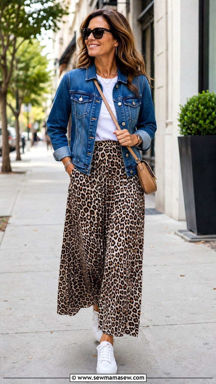 Printed Maxi Skirt Outfit With Denim Jacket - 30 maxi skirt outfits for women over 40
