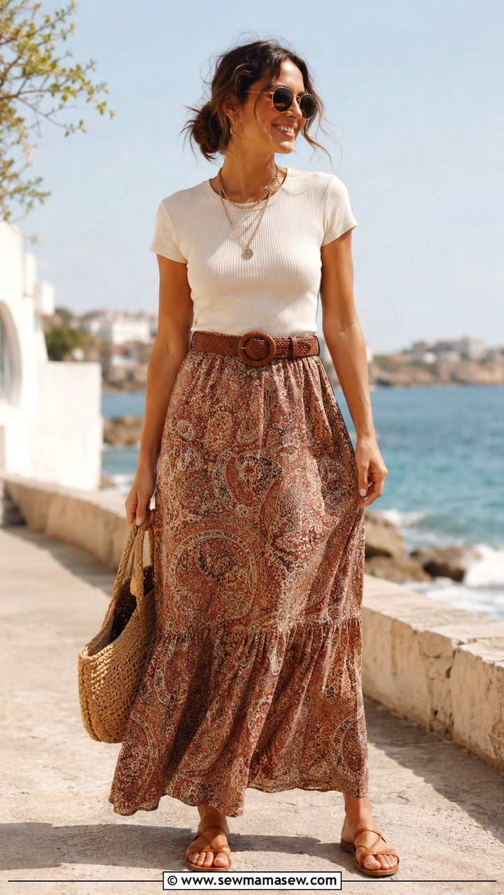 Printed Maxi Skirt With A Simple Fitted Tee - 30 boho capsule wardrobe outfits