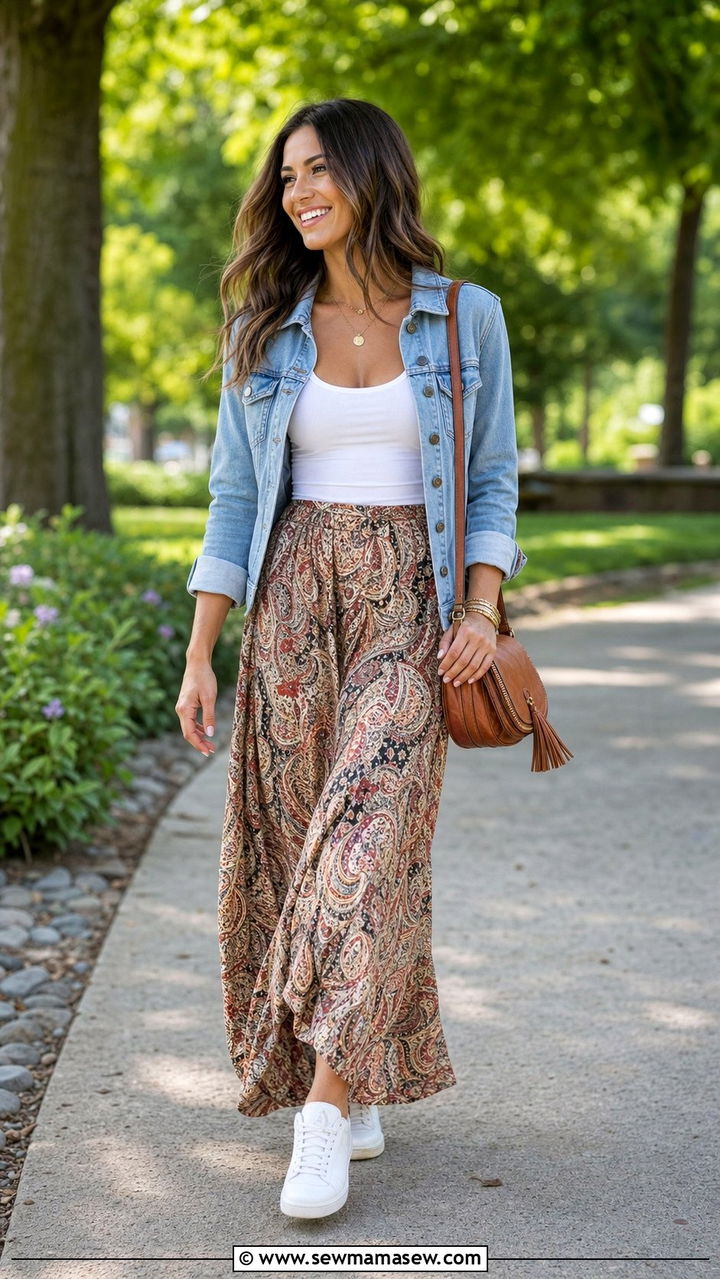Printed Maxi Skirt With Denim Jacket - 25 summer maxi skirt outfit ideas