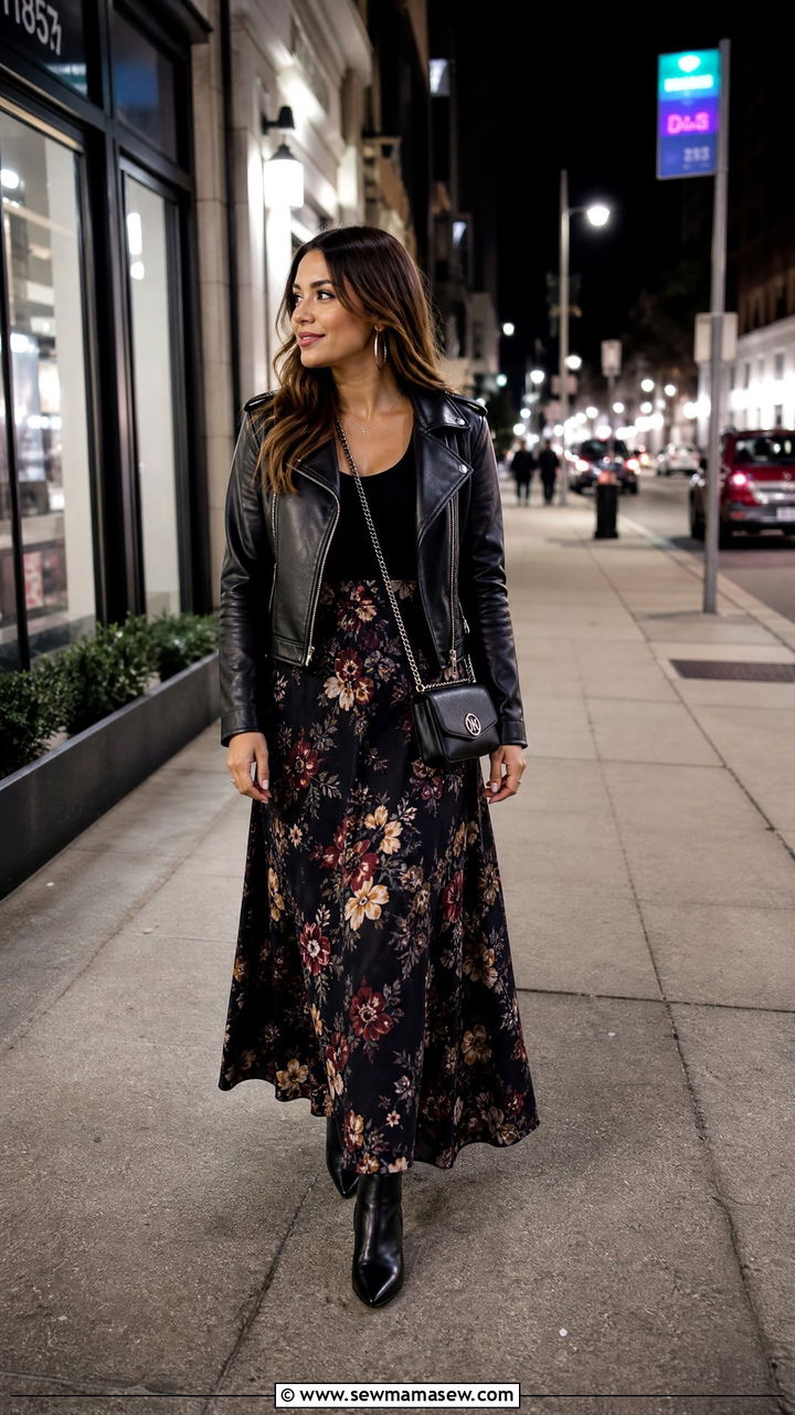 Printed Maxi Skirt With Leather Jacket - 25 Petite outfit ideas with maxi skirt