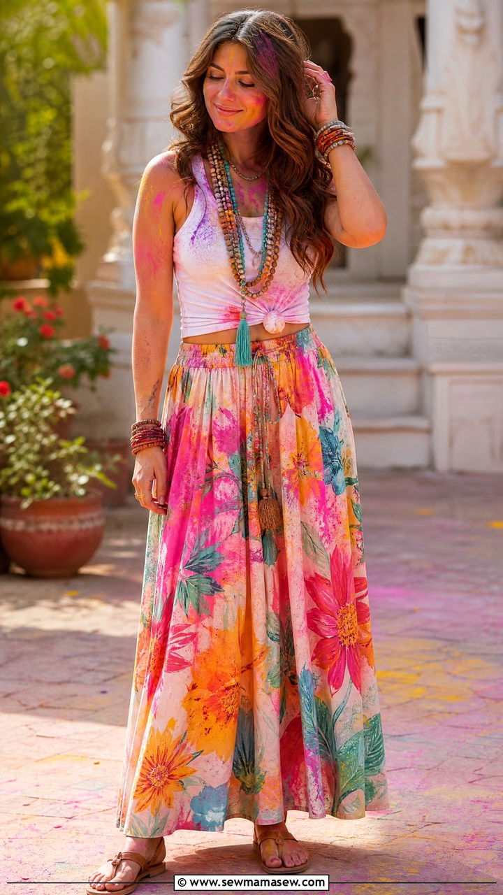 Printed Maxi Skirt With Tank Top Holi Outfit - 25 Holi outfit ideas