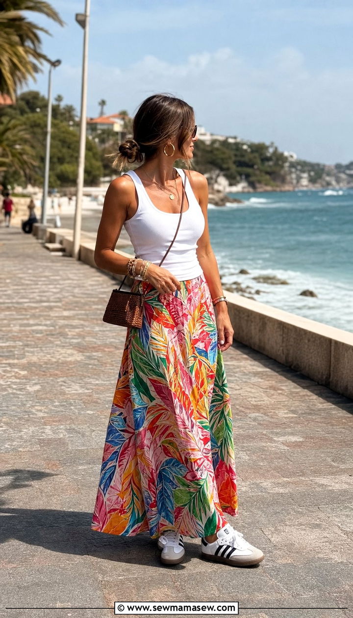 Printed Maxi Skirt and Tank Top with White Adidas Sambas - 25 summer outfits with adidas sambas