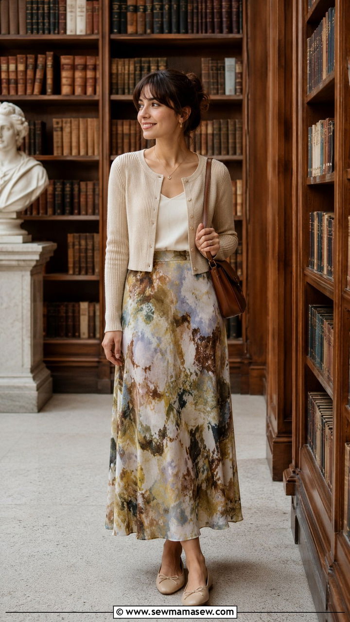 Printed Maxi Skirt with Cropped Cardigan - 30 Maxi skirt outfit ideas with a crop top