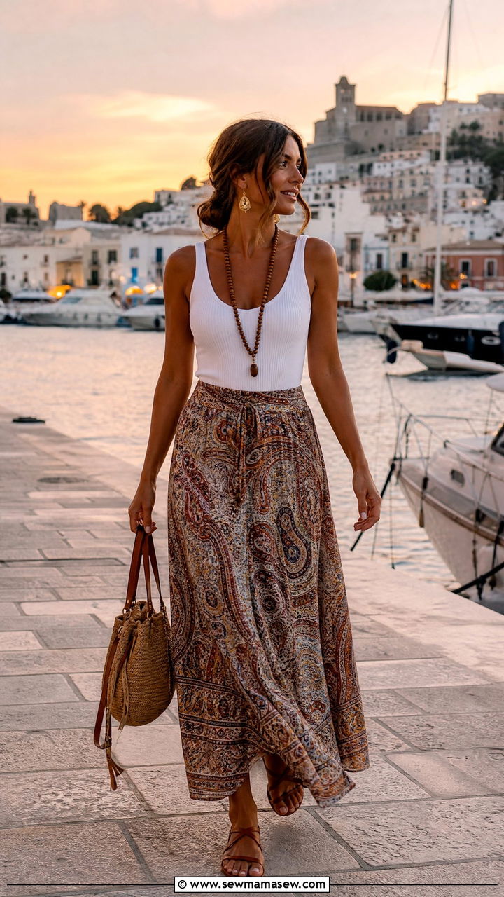 Printed Maxi Skirt with Simple White Tank Top - 30 Ibiza outfit ideas