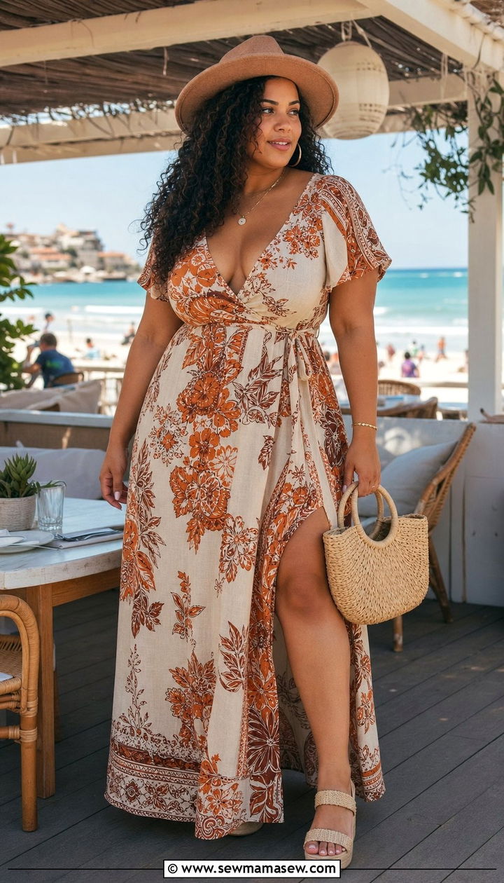 Printed Maxi Wrap Dress And Wedge Sandals - 35 Brunch outfits for curvy women