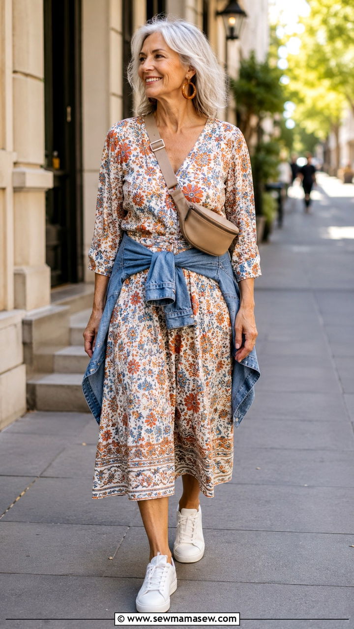 Printed Midi Dress And White Sneakers City Walk Retirement Outfit - 20 Retirement outfit ideas 2026