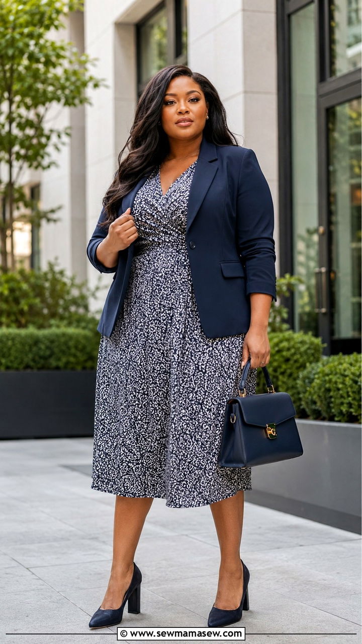 Printed Midi Dress With Blazer Curvy - 30 Spring outfits for curvy women