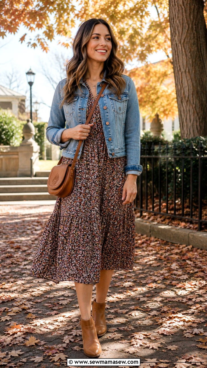 Printed Midi Dress With Denim Jacket And Ankle Boots - 40 Timeless outfit ideas