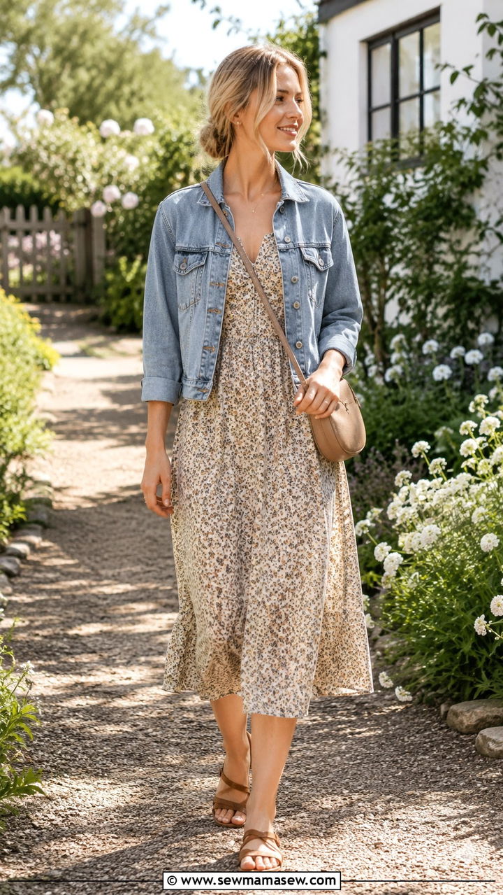 Printed Midi Dress With Denim Jacket And Flats - 30 casual scandinavian outfits