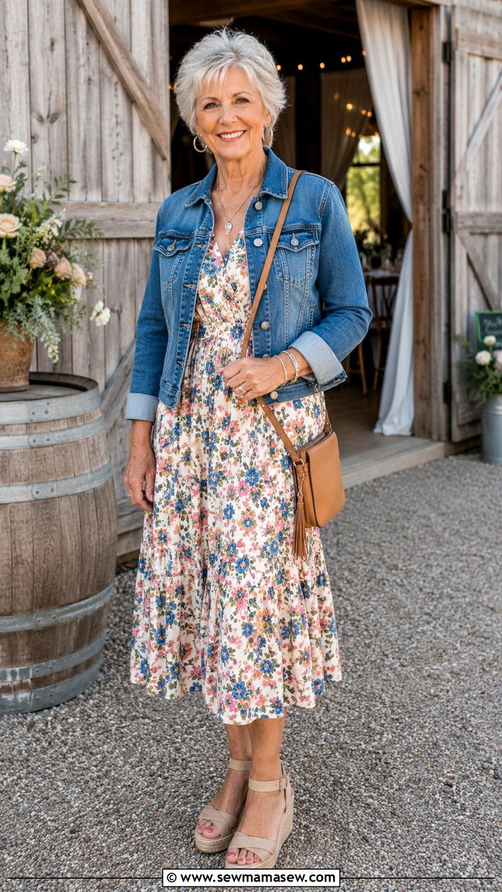 Printed Midi Dress With Denim Jacket For Casual Wedding - 20 Wedding guest outfit ideas for 70 year old