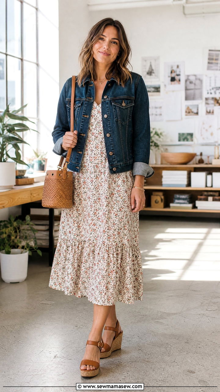 Printed Midi Dress With Denim Jacket - 25 Business casual outfits with dress