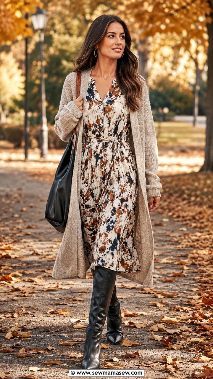 Printed Midi Dress With Long Cardigan and Knee High Boots - 30 Midi dress outfit ideas with a jacket