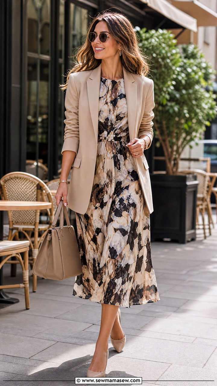Printed Midi Dress With Neutral Blazer - 30 Midi dress with blazer outfit ideas