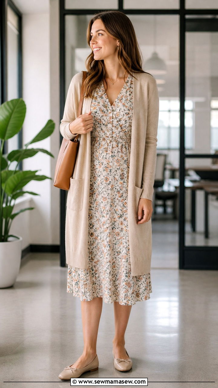 Printed Midi Dress With Neutral Cardigan And Flats - 40 casual work outfits
