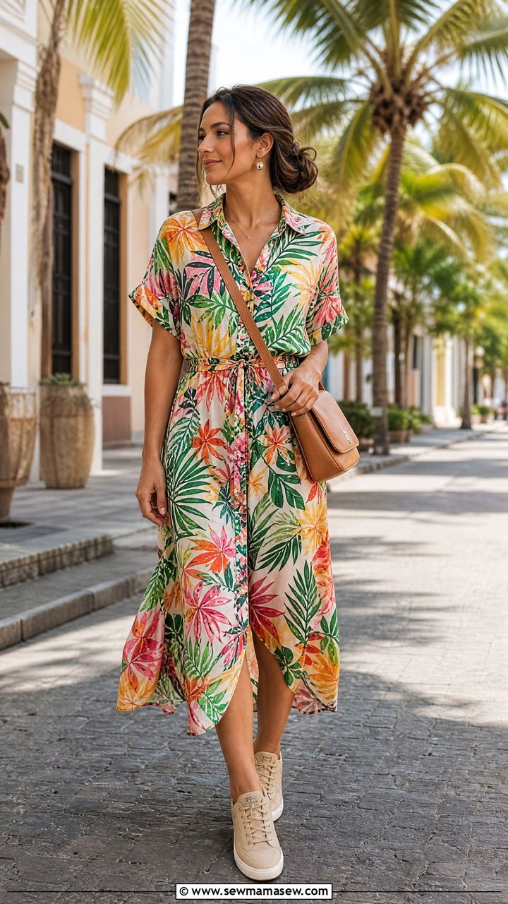 Printed Midi Dress With Neutral Sneakers - 30 Midi dress outfit ideas with sneakers