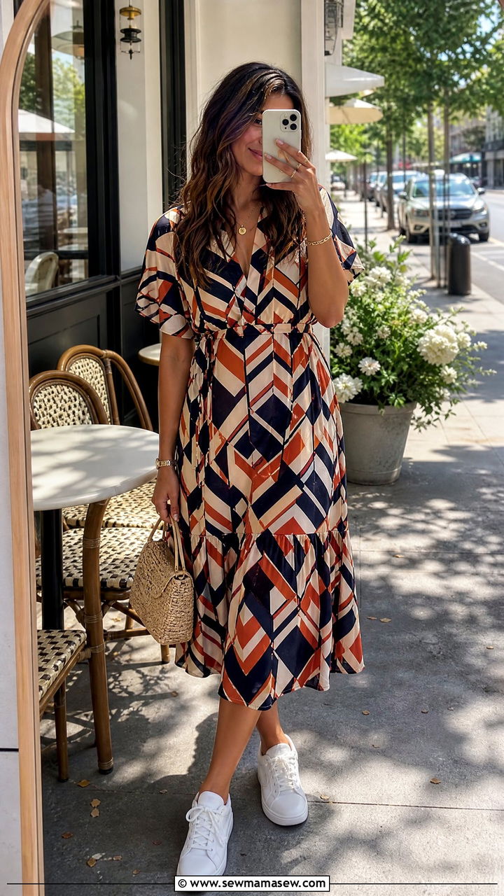 Printed Midi Dress With White Sneakers For Brunch - 25 Brunch outfit ideas with friends casual