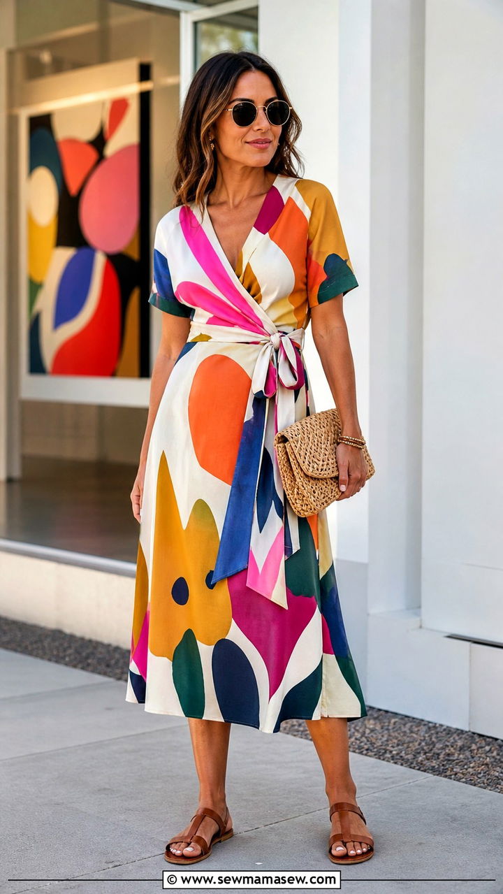 Printed Midi Dress and Leather Sandals Outfit - 40 spring shopping day outfit ideas