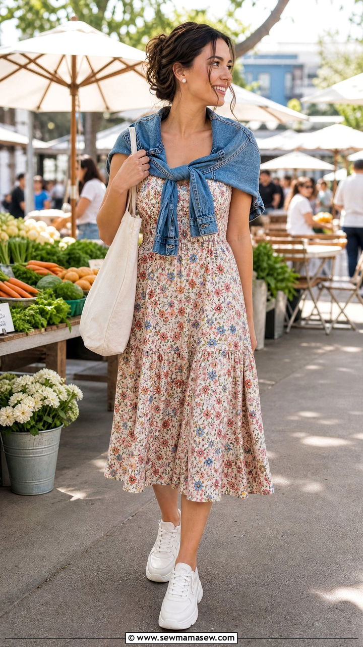 Printed Midi Dress with Clean White Sneakers - 30 Girls brunch outfit ideas