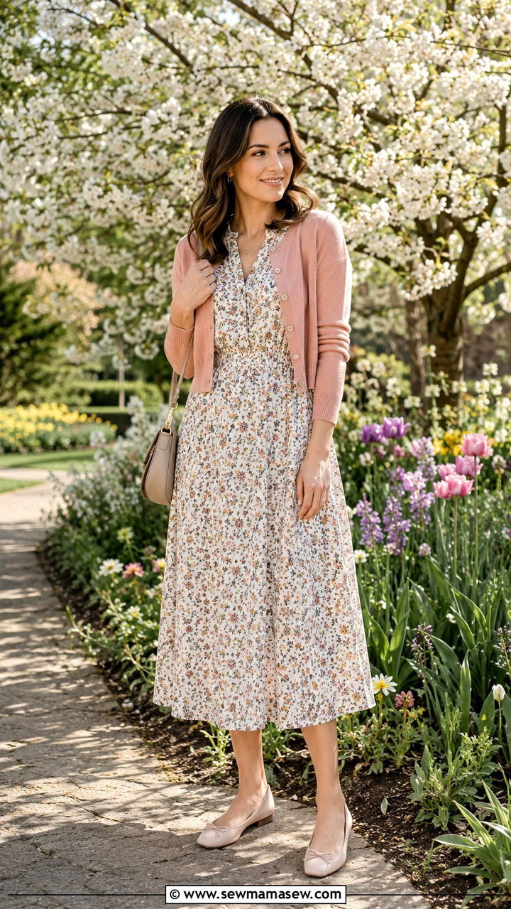 Printed Midi Dress with Cropped Cardigan and Ballet Flats - 30 classy outfits for moms
