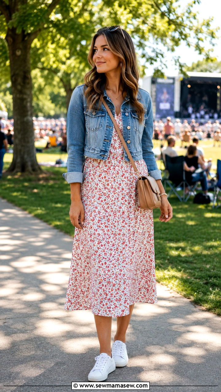 Printed Midi Dress with Cropped Denim Jacket - 30 Late July outfit ideas
