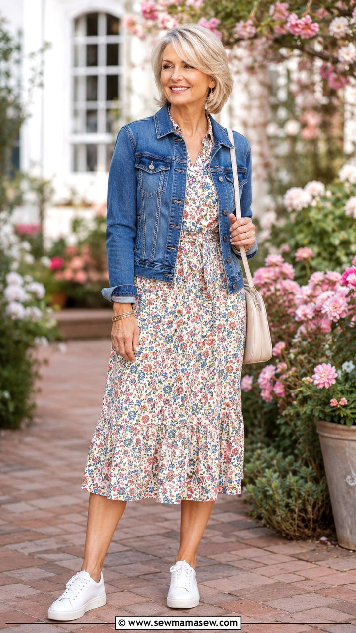 Printed Midi Dress with Denim Jacket and White Sneakers - 30 Capsule wardrobe women over 50